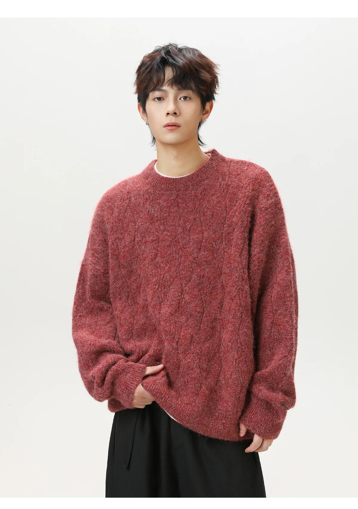 Thickened twisted solid color crew neck sweater men's autumn and winter retro loose knitted sweater jacket 260921 - view 3