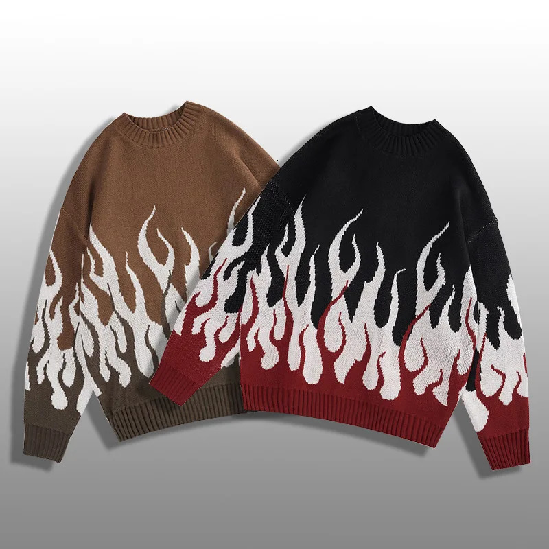 Autumn American Street Trendy Personality Flame Yarn Weaving Round Neck Loose Knitted Shirt Men's Trendy Sweater 260921 - view 6