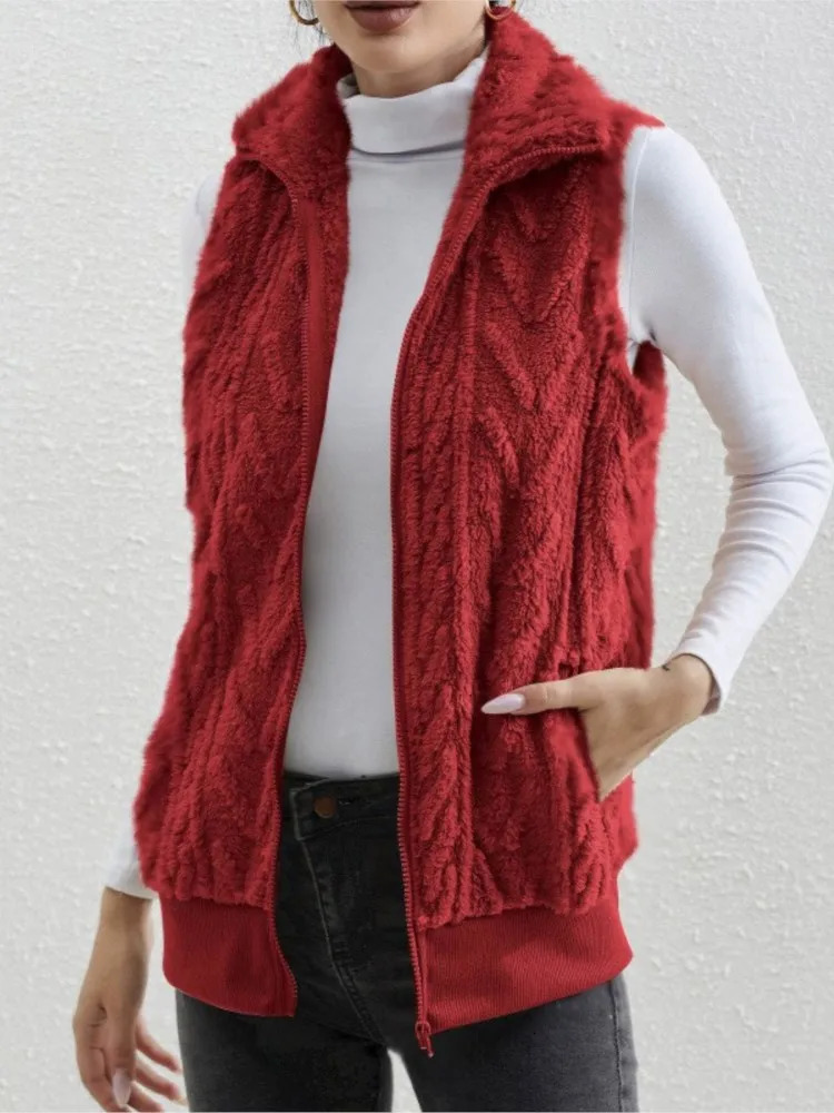 Fashion Plush Cardigan Vest For Women Casual Zipper Lapel Pocket Solid Color Warm Womens Coat Female Streetwear 260923 - view 7