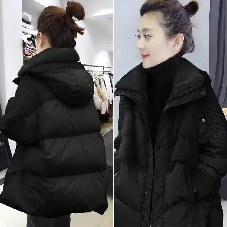 Winter Hooded Parker Female Loose Down Jacket Women Knitting Patchwork Warm Coat Cotton Padded Outerwear 260923 - view 5