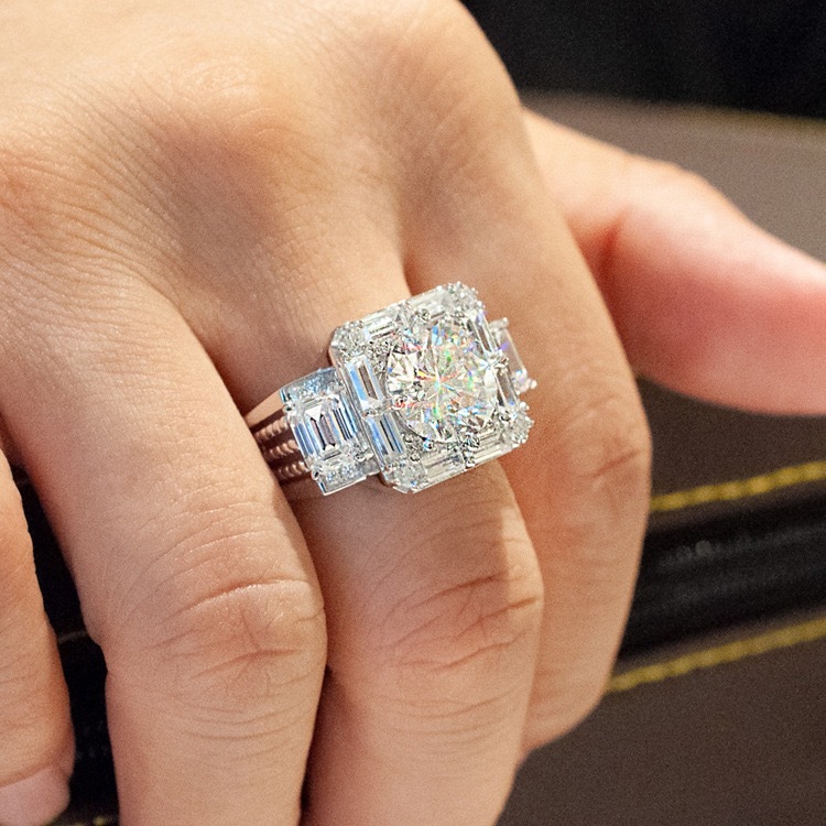 Iced Out Multi Halo Moissanite Ring 925 Sterling Silver Big Stone Wide Band Hip Hop Statement Ring For Men - view 5