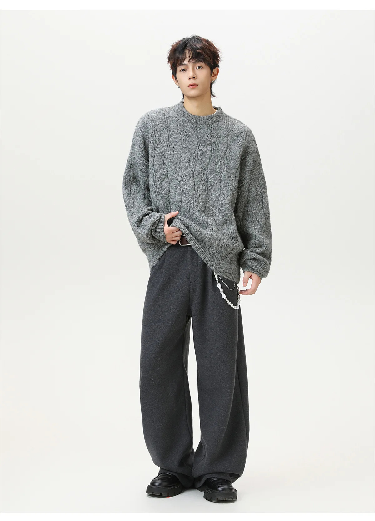 Thickened twisted solid color crew neck sweater men's autumn and winter retro loose knitted sweater jacket 260921 - view 5