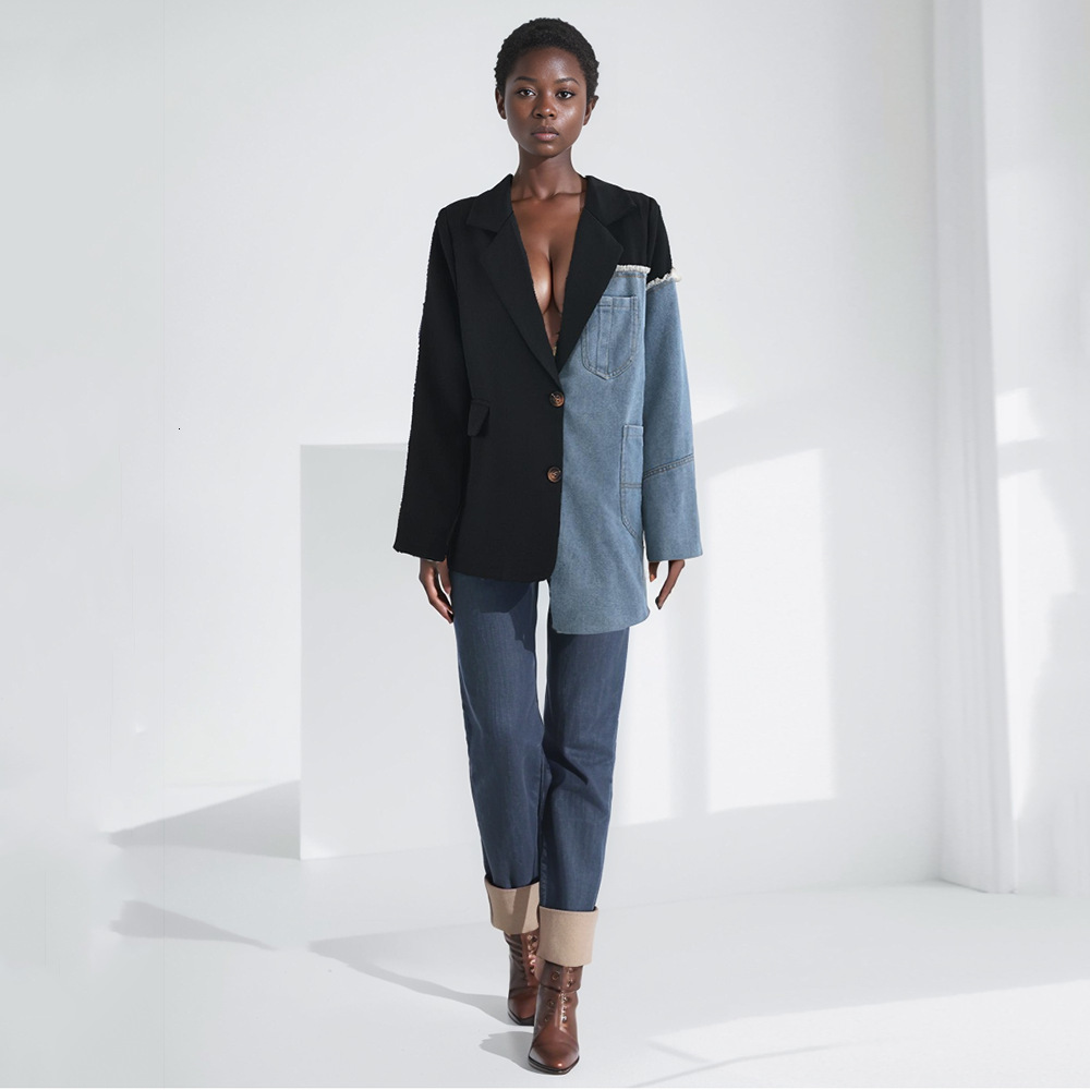 Korean Style Irregular Denim Patchwork Blazer 2025 Spring New Fashion High-end Sense Personality Casual Loose Suit 201201 - view 3