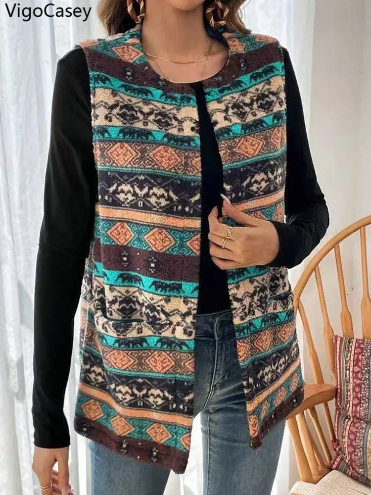 VigoCasey 2026 LadyAutumn Winter Sleeveless Thick Vest Coat Woman Print O Neck Plush Warm Waistcoat Female Casual Jacket 260923 - view 5