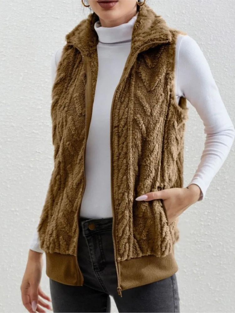 Fashion Plush Cardigan Vest For Women Casual Zipper Lapel Pocket Solid Color Warm Womens Coat Female Streetwear 260923