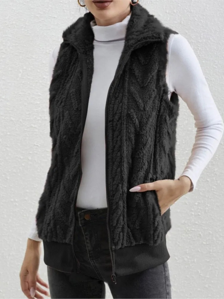 Fashion Plush Cardigan Vest For Women Casual Zipper Lapel Pocket Solid Color Warm Womens Coat Female Streetwear 260923 - view 4