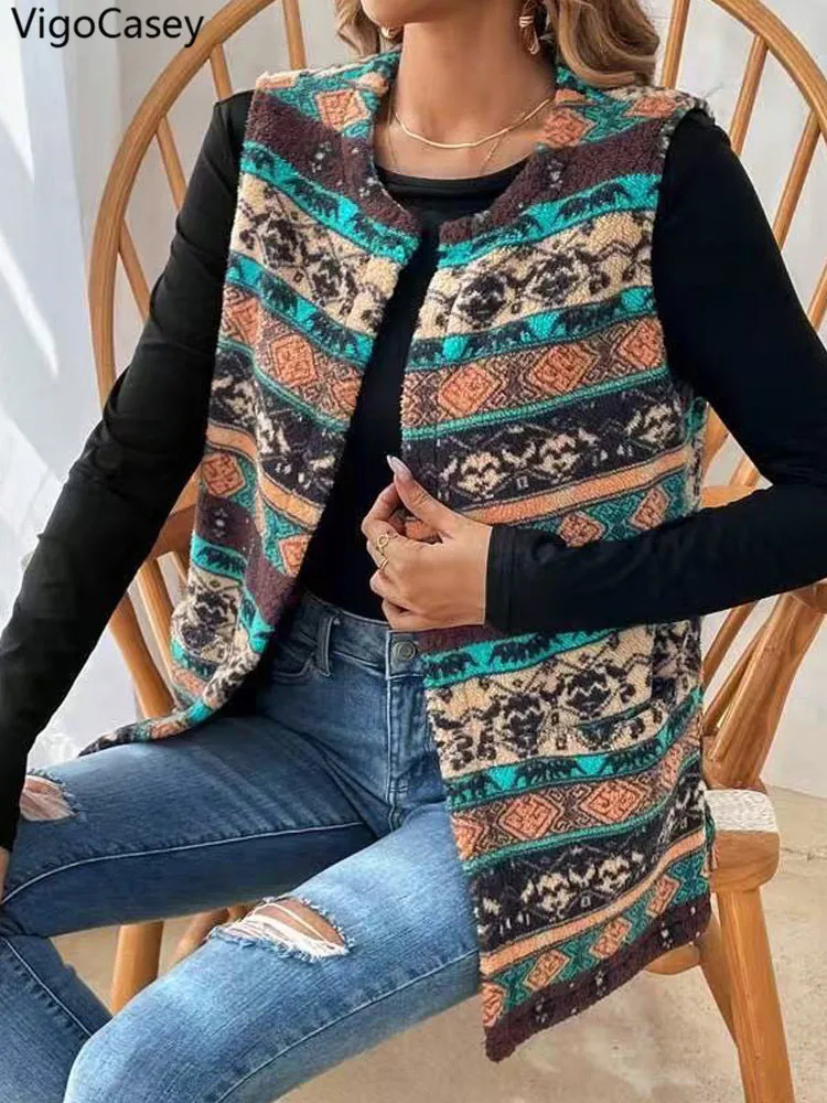 VigoCasey 2026 LadyAutumn Winter Sleeveless Thick Vest Coat Woman Print O Neck Plush Warm Waistcoat Female Casual Jacket 260923 - view 3