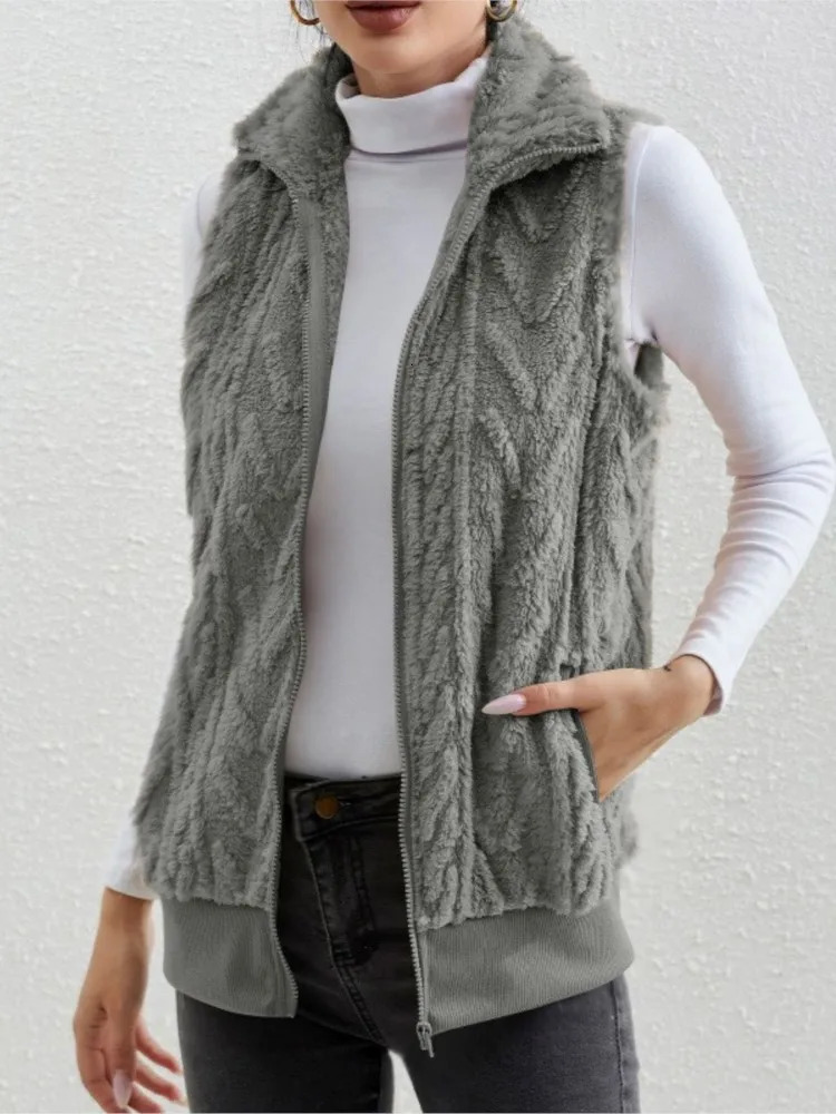 Fashion Plush Cardigan Vest For Women Casual Zipper Lapel Pocket Solid Color Warm Womens Coat Female Streetwear 260923 - view 5