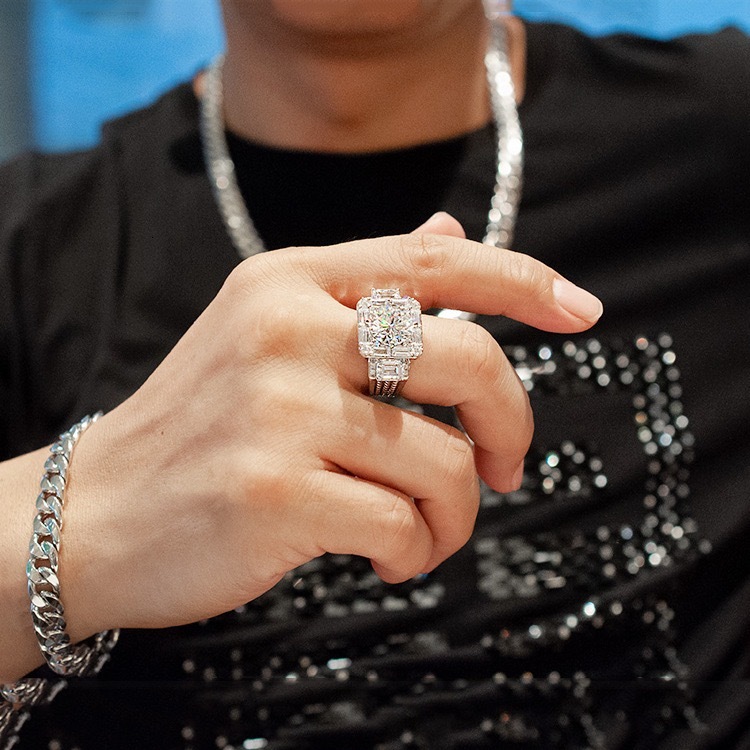 Iced Out Multi Halo Moissanite Ring 925 Sterling Silver Big Stone Wide Band Hip Hop Statement Ring For Men - view 3