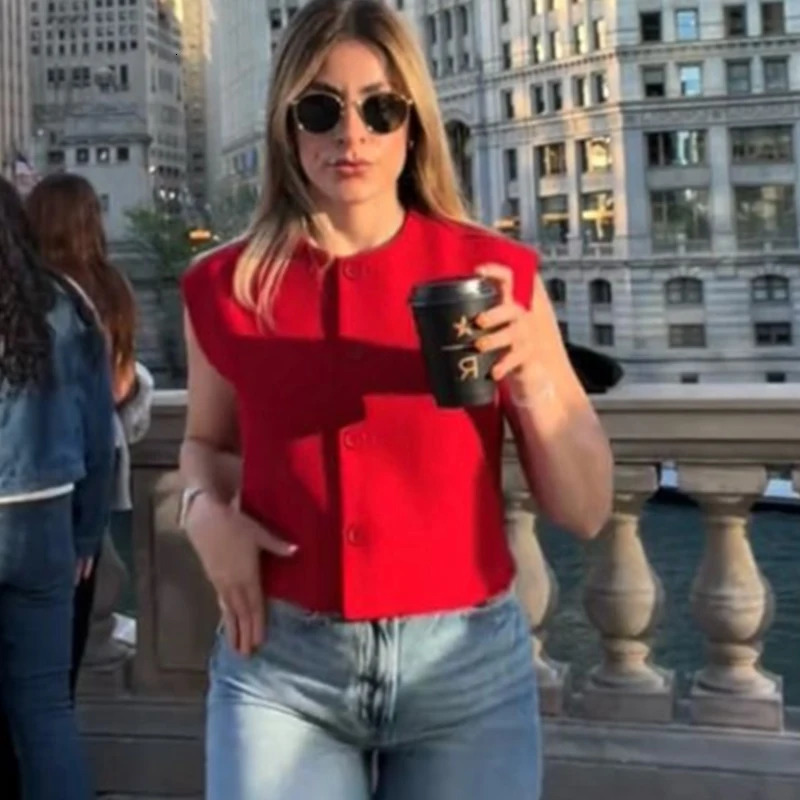 HXAO Black Vests Top Female Summer Womens Sleeveless Vest Waistcoat Cropped Red White Jacket Office Look Button Suit 260923 - view 5