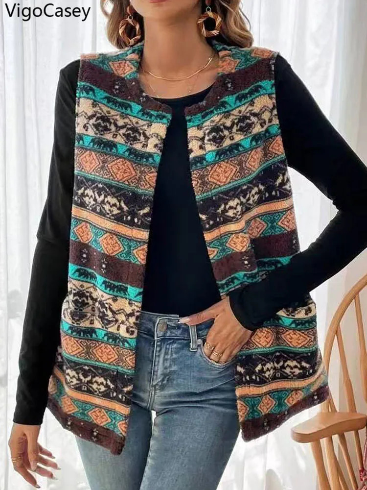 VigoCasey 2026 LadyAutumn Winter Sleeveless Thick Vest Coat Woman Print O Neck Plush Warm Waistcoat Female Casual Jacket 260923