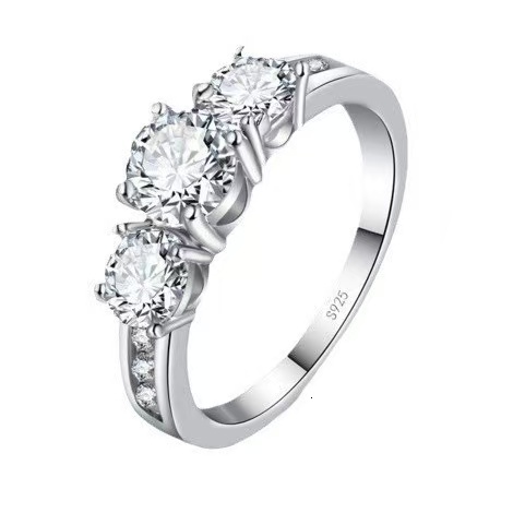 Three Stone Round Moissanite Ring 925 Sterling Silver Side Paved Band Engagement Promise Ring For Women - view 4