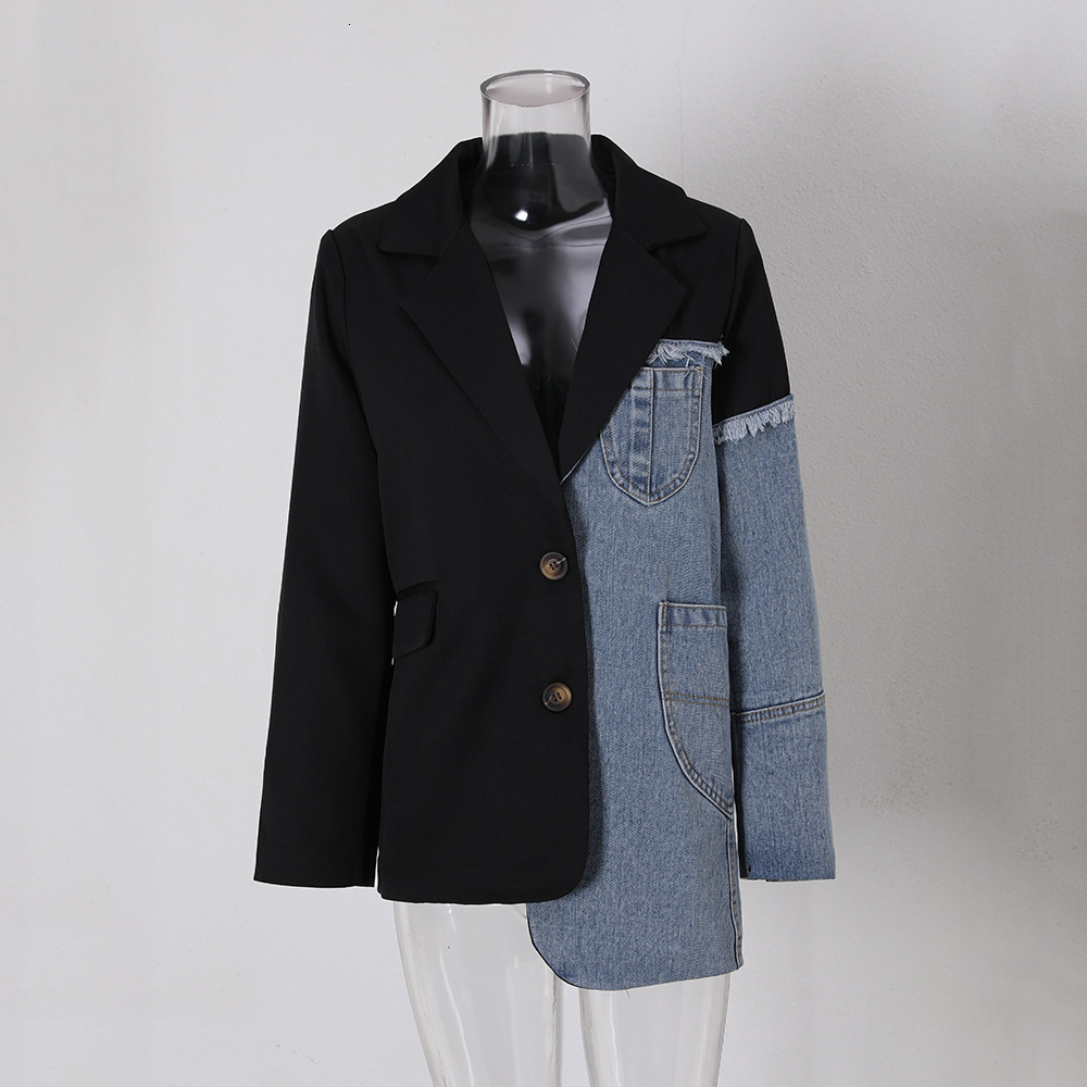 Korean Style Irregular Denim Patchwork Blazer 2025 Spring New Fashion High-end Sense Personality Casual Loose Suit 201201 - view 7