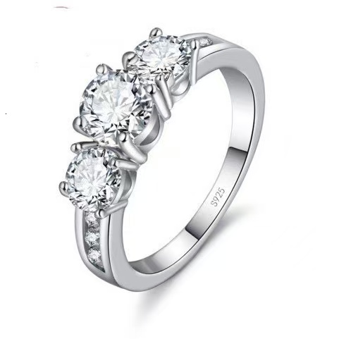 Three Stone Round Moissanite Ring 925 Sterling Silver Side Paved Band Engagement Promise Ring For Women