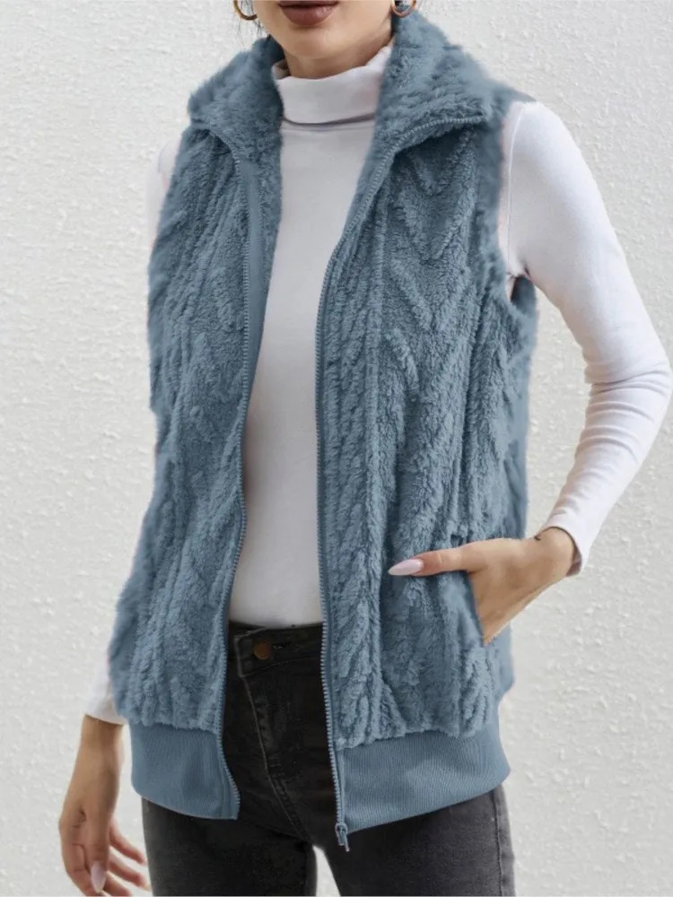 Fashion Plush Cardigan Vest For Women Casual Zipper Lapel Pocket Solid Color Warm Womens Coat Female Streetwear 260923 - view 3