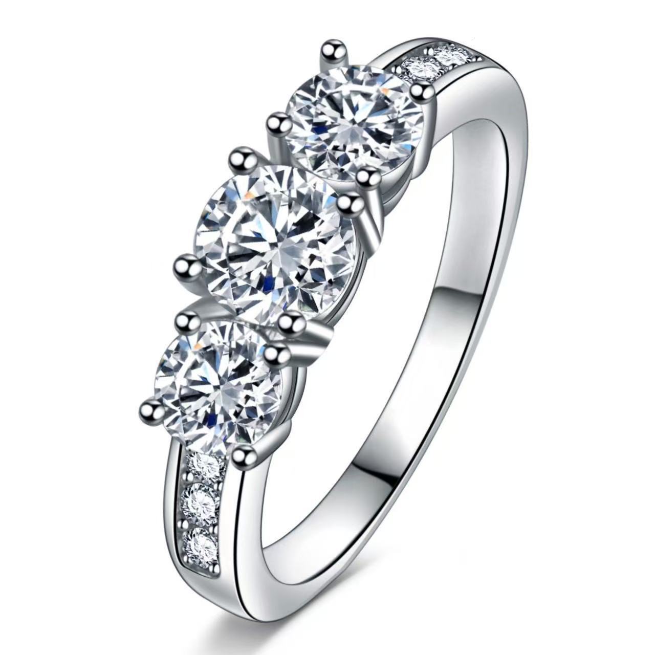 Three Stone Round Moissanite Ring 925 Sterling Silver Side Paved Band Engagement Promise Ring For Women - view 7