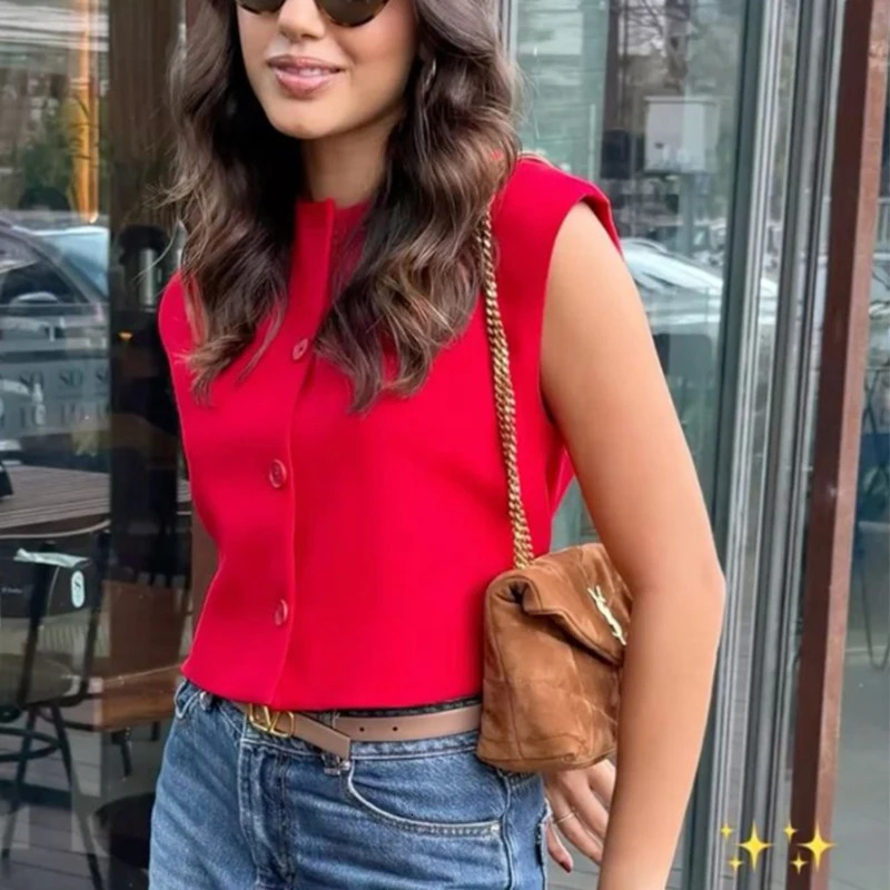 HXAO Black Vests Top Female Summer Womens Sleeveless Vest Waistcoat Cropped Red White Jacket Office Look Button Suit 260923 - view 6