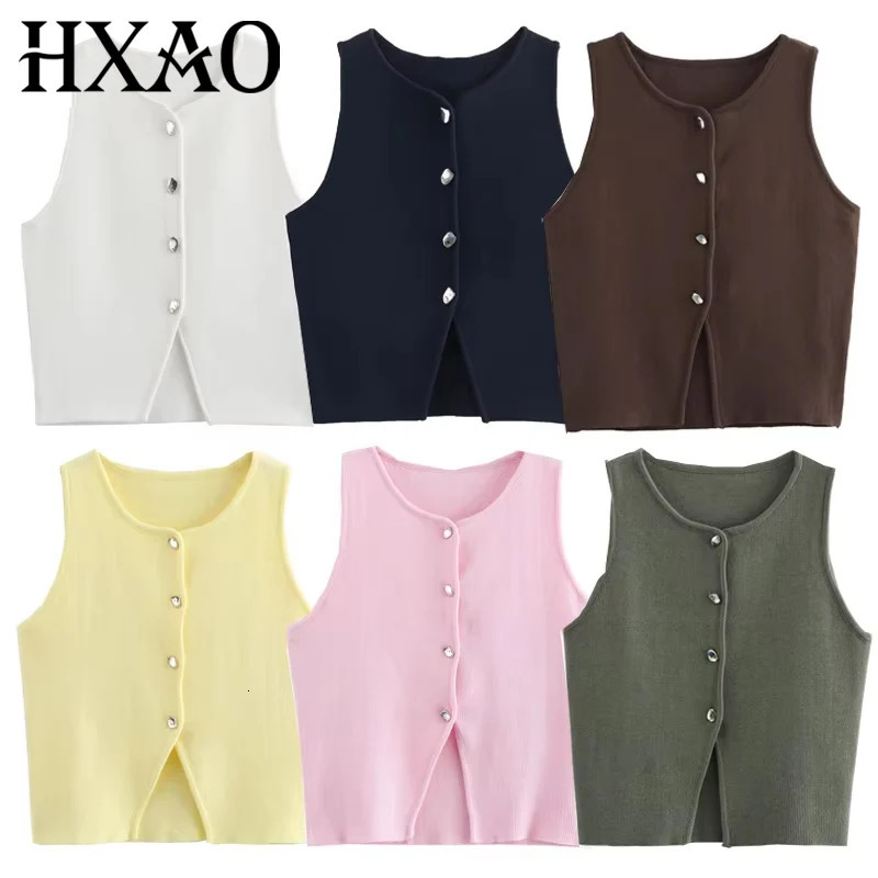 HXAO Female Sweater Vest Cropped Knit Woman Sleeveless White Blue Women Autumn Button Slim Yellow Pink Knitted Vests 260923