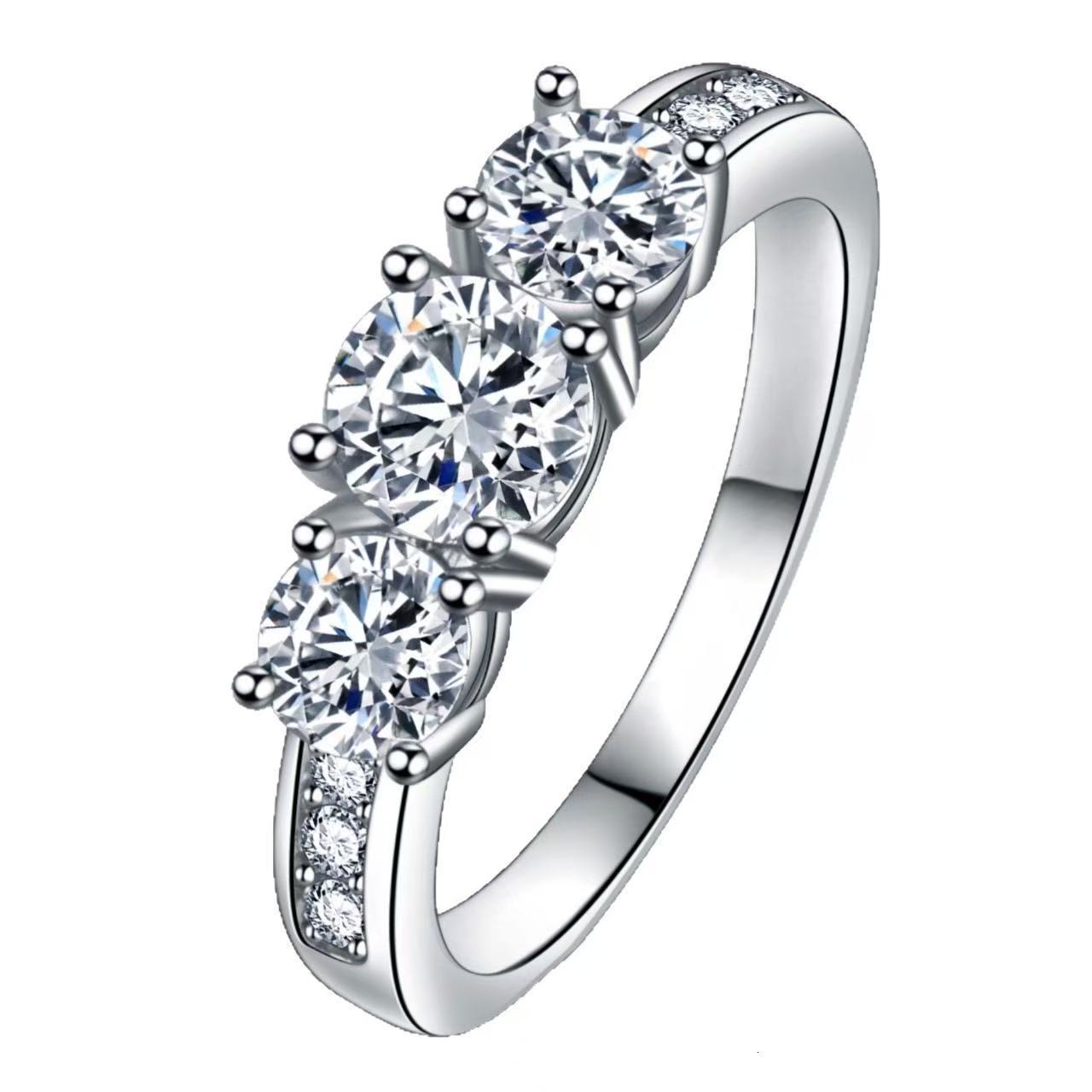 Three Stone Round Moissanite Ring 925 Sterling Silver Side Paved Band Engagement Promise Ring For Women - view 6
