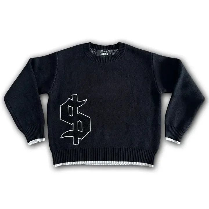 European and American embroidered round sweater men's street n jacquard loose sweater Y2K vintage classic street clothing 260921 - view 7