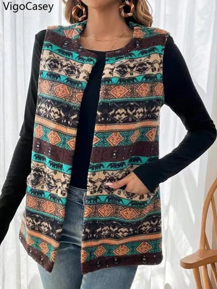 VigoCasey 2026 LadyAutumn Winter Sleeveless Thick Vest Coat Woman Print O Neck Plush Warm Waistcoat Female Casual Jacket 260923 - view 4