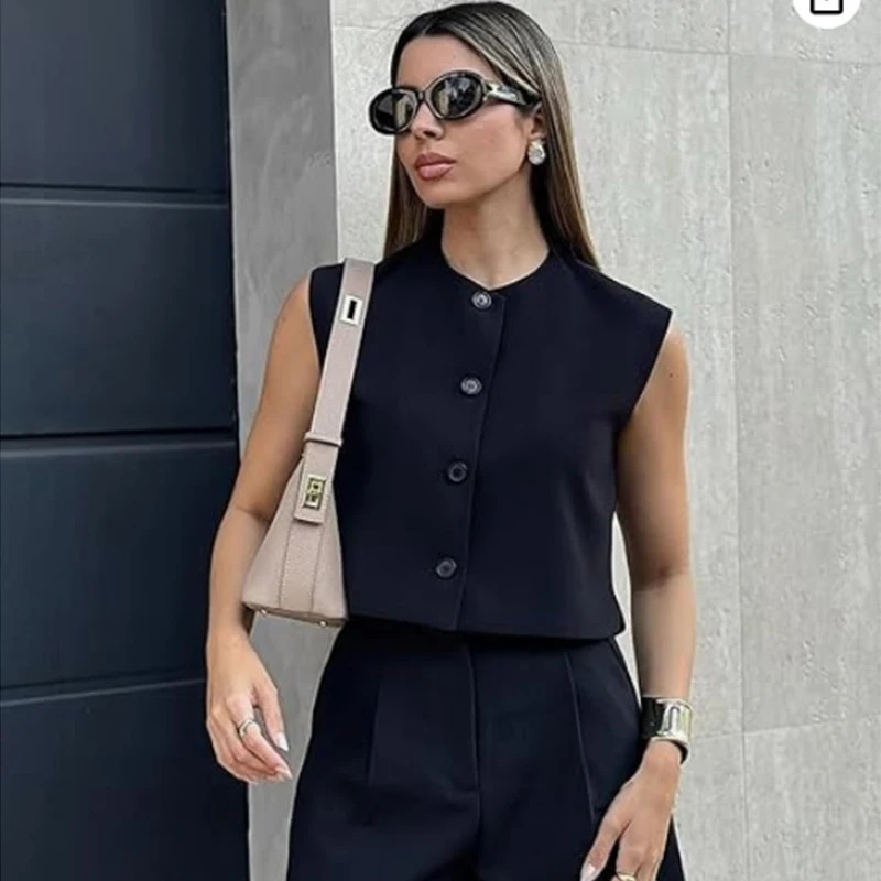 HXAO Black Vests Top Female Summer Womens Sleeveless Vest Waistcoat Cropped Red White Jacket Office Look Button Suit 260923 - view 3