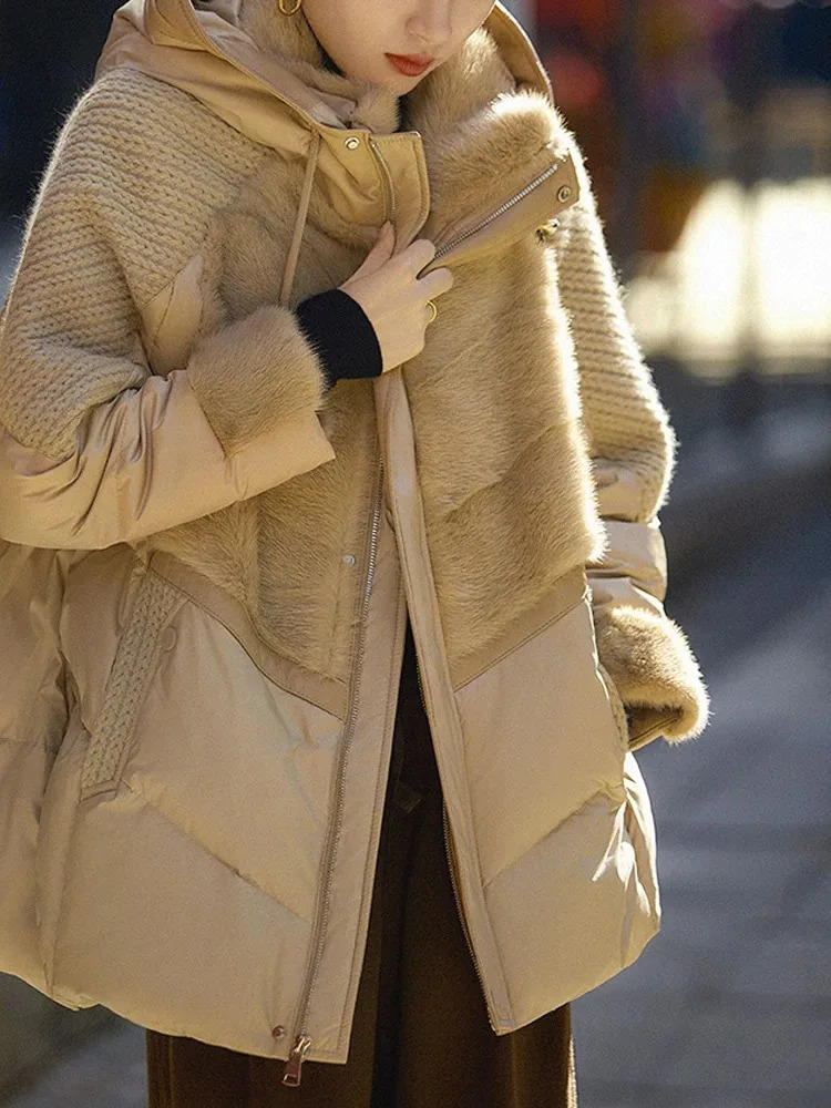 Winter Hooded Parker Female Loose Down Jacket Women Knitting Patchwork Warm Coat Cotton Padded Outerwear 260923 - view 4