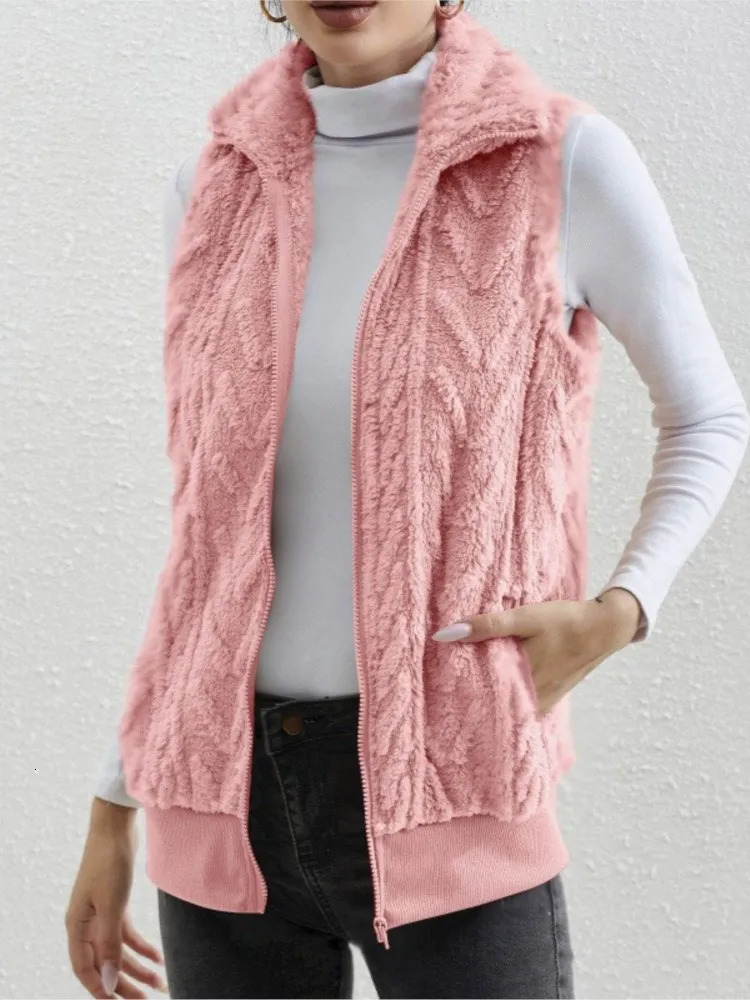 Fashion Plush Cardigan Vest For Women Casual Zipper Lapel Pocket Solid Color Warm Womens Coat Female Streetwear 260923 - view 6