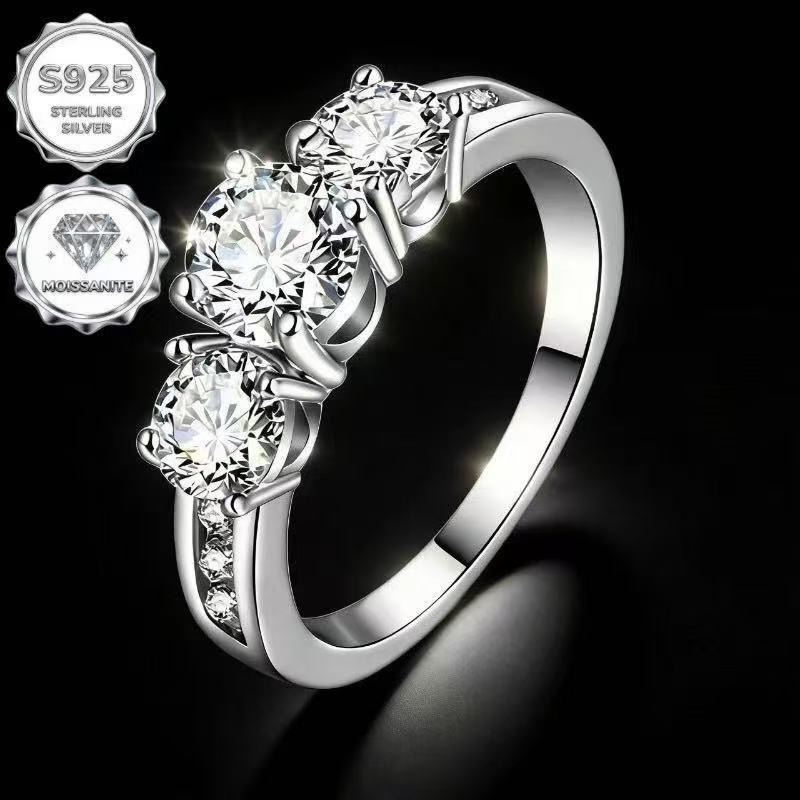 Three Stone Round Moissanite Ring 925 Sterling Silver Side Paved Band Engagement Promise Ring For Women - view 8