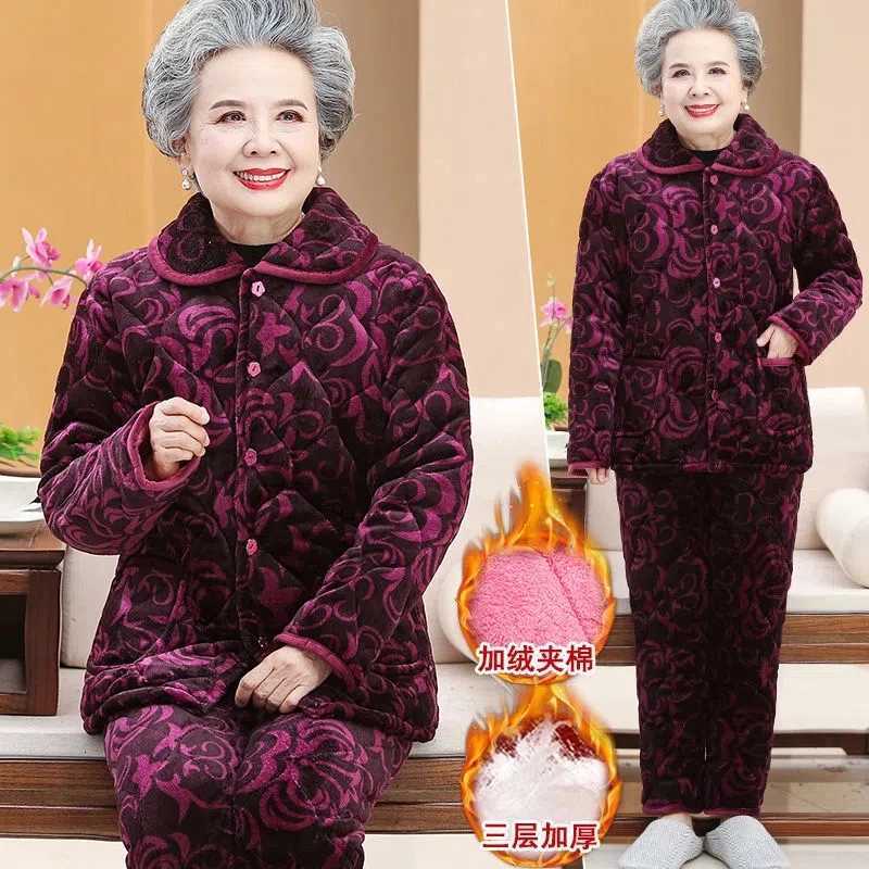 Lounge Women's Sleep Grandma Pajamas Three Layers Thickened Mother Home Clothes Elderly Women Coral Velvet Pajamas Sets Winter Suit Warm Pants 2P - view 4