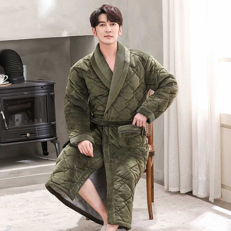 Sleep Lounge Women's Men Casual Kimono Bathrobe Winter Three Layers Flannel Quilted Long Robe Thick Warm Sleepwear Big Yards Nightgown Male Home  - view 5