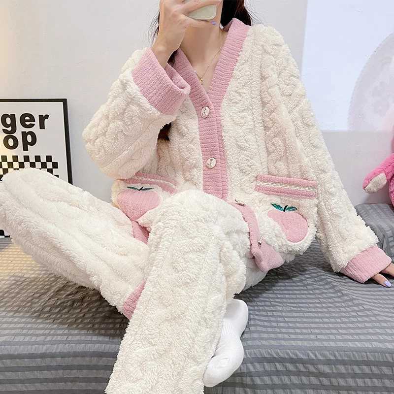 Lounge Women's Sleep Thickened Warm Pink Peach Coral Velvet Pajamas 2PCS Set Winter Ladies Cardigan Nightwear Homewear Sweet Sleepwear Loungewear - view 5