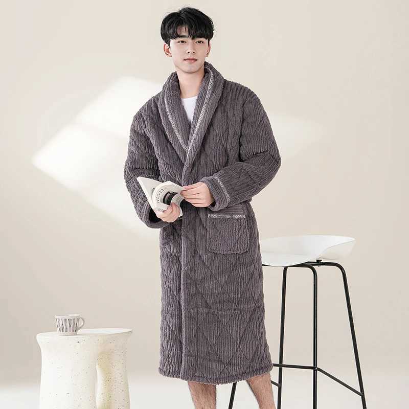 Sleep Lounge Women's Winter Robe Thick Warm Men's Flannel Knit Quilted Robe Long Sleeve Comfortable Soft Solid Causal Male Bathrobe M-XXXXLC - view 5