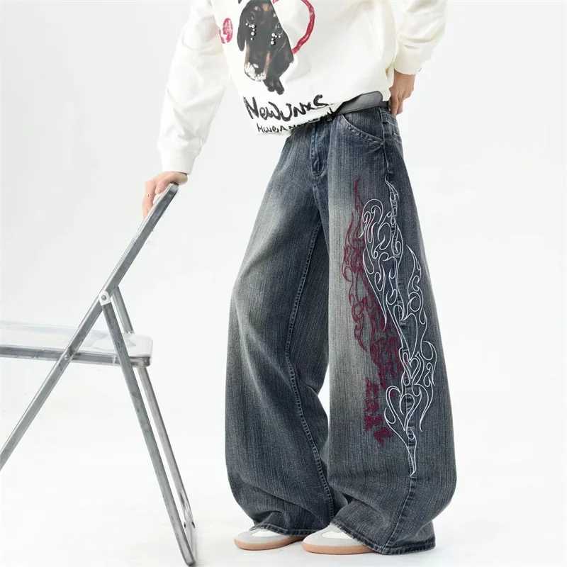 Men's Jeans New Men's Hip Hop Fashion Straight Baggy Denim Pants Y2K Flame Embroidered Streetwear Flared Jeans Harajuku Streetwear Jean H260 - view 4