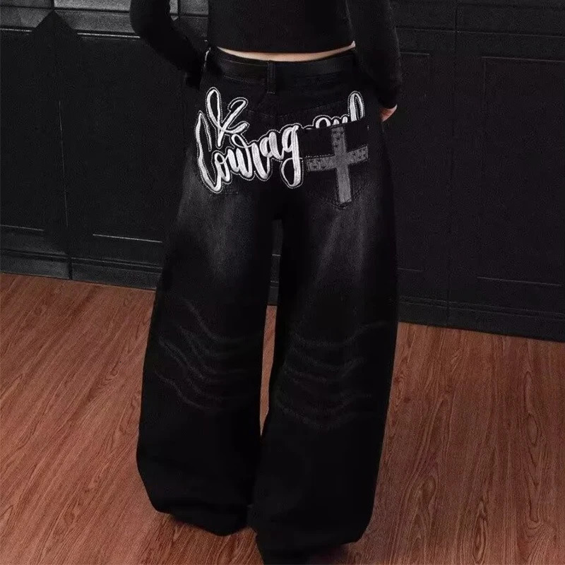 Goth Letter Printed Black Curved Denim Trousers For Men Y2K Vintage Streetwear Straight Jeans Hip Hop Fashion Baggy Jean Pants 260923