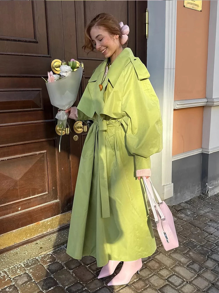 Fashion Green Lapel Loose Coat Chic Women Lace-up Detail Long Sleeve Jacket Casual Lady Commuting Street Windbreakers 2026 260924 - view 4