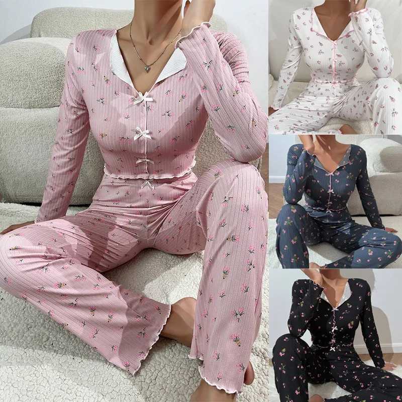 Women's Sleep Lounge European and American Hot-selling Loungewear Printed Trousers Long Sleeves Can Be Worn Outside Women's Pajamas Two-piec