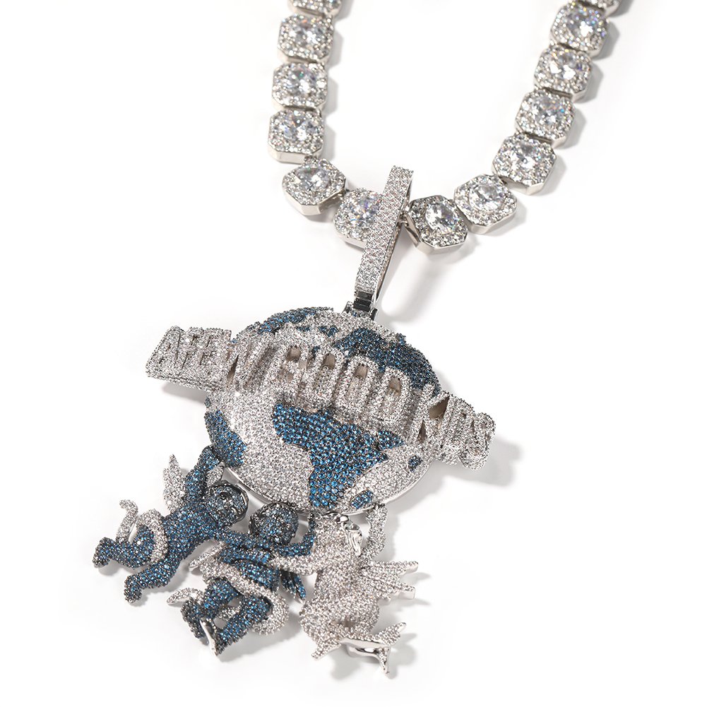 Hip Hop Three Angel Pendants Trendy Pendant Colorful Moissanite Round Pendant Jewelries Green Blue Rapper Necklace - view 3