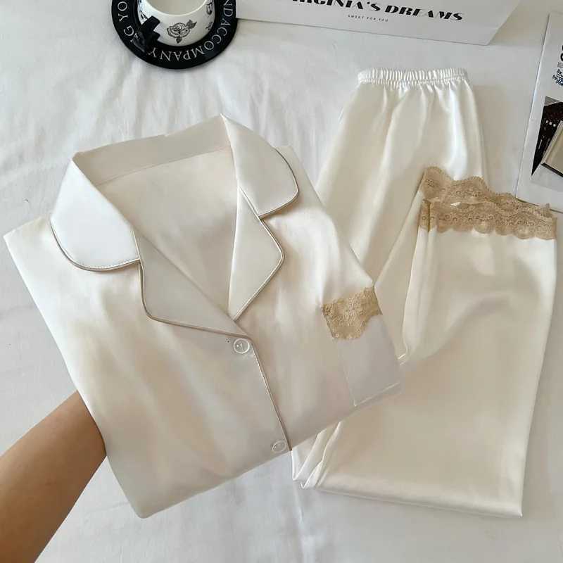 Women's Sleep Lounge New Ice Silk Women's Pajamas for Spring and Autumn Solid Color with Lace Trim Long Sleeve Lightweight Homewear Set H260