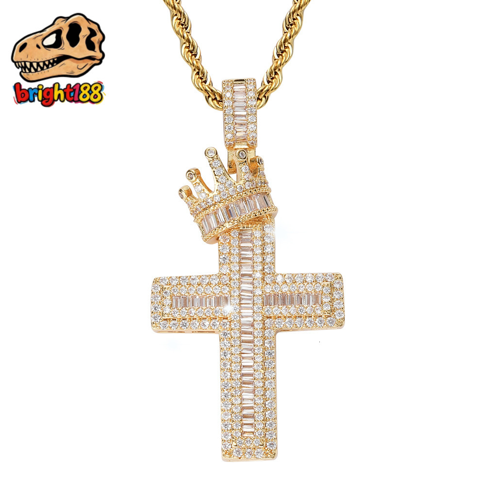 European American-style Crown Cross Hip-hop Pendant Featuring Square Moissanite Micro-paved Design Copper Chainvintage