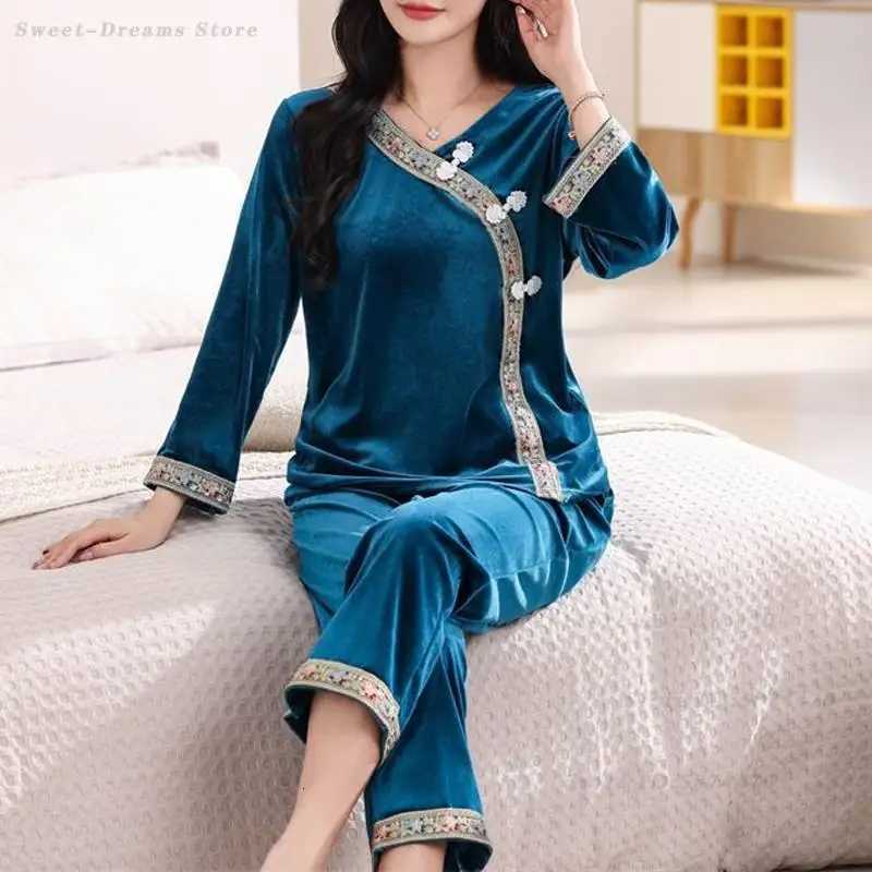 Women's Sleep Lounge Chinese Style Velvet Pajamas Set Autumn Winter New Sleepwear Women's Plus Size 6XL Pyjamas Suit Velour Home Clothes Lou - view 4