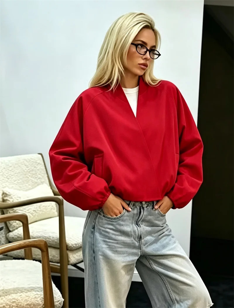 2026 Womens Red VNeck CrossFront Cropped Flight Jacket Stand Collar LongSleeve Loose Top 260928 - view 5