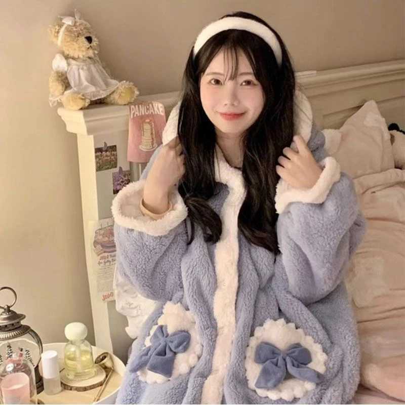 Sleep Lounge Women's Cozy Blue Women Sleepwear Bow Hooded Long Fleece Nightgown Thick Plush Loungewear Kawaii Winter Warm Homewear TopC260924 - view 6