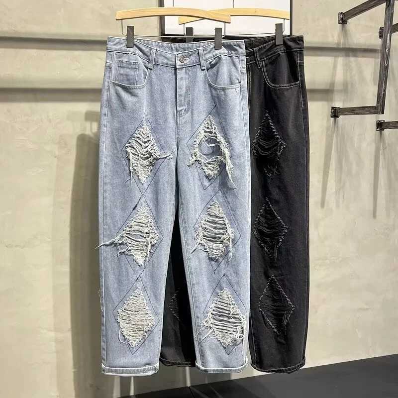 Men's Jeans Spring High Street Fashion Baggy Ripped Jeans For Man American Casual Retro Straight-Leg Denim Pants Hip Hop Distressed Y2K Jean H260 - view 3