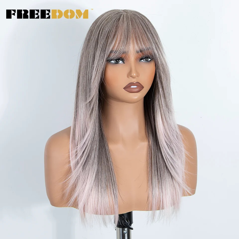 FREEDOM Straight Synthetic Lace Front Wig With Bangs 20 Inch Ombre Brown Blonde Layered Pre-cut Lace Wigs Pink Cosplay Wig 260922 - view 4