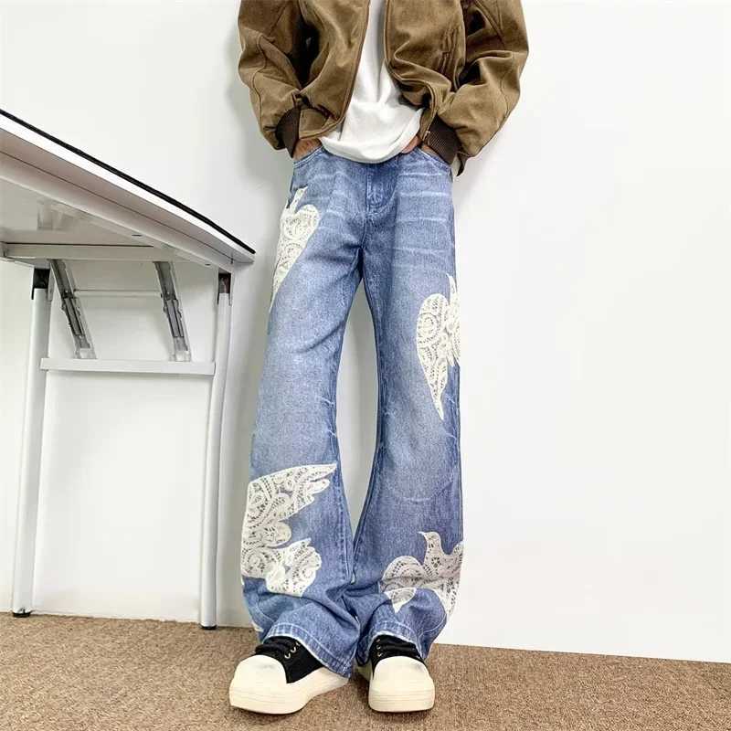 Men's Jeans Spring Men's Dove Of Peace Appliques Embroidered Jeans New Y2K Vintage Straight Baggy Denim Pants Washed Streetwear Blue Jean H2 - view 5