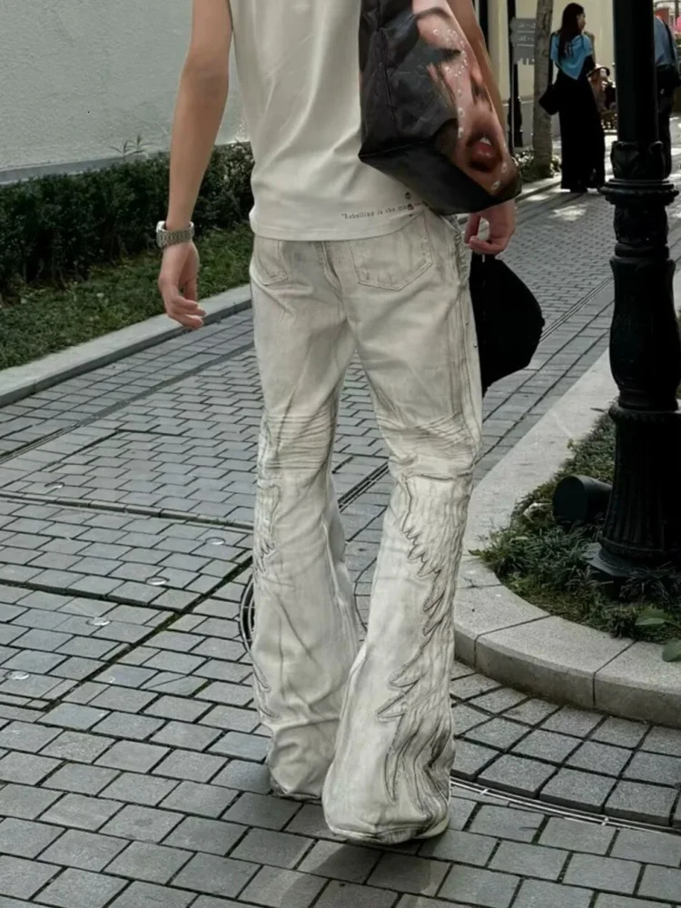 2026 Punk Y2K Style Dirty Washed White Patchwork Baggy Flared Stacked Jeans Pants For Men Clothing Streetwear Goth Long Trousers 260923 - view 3