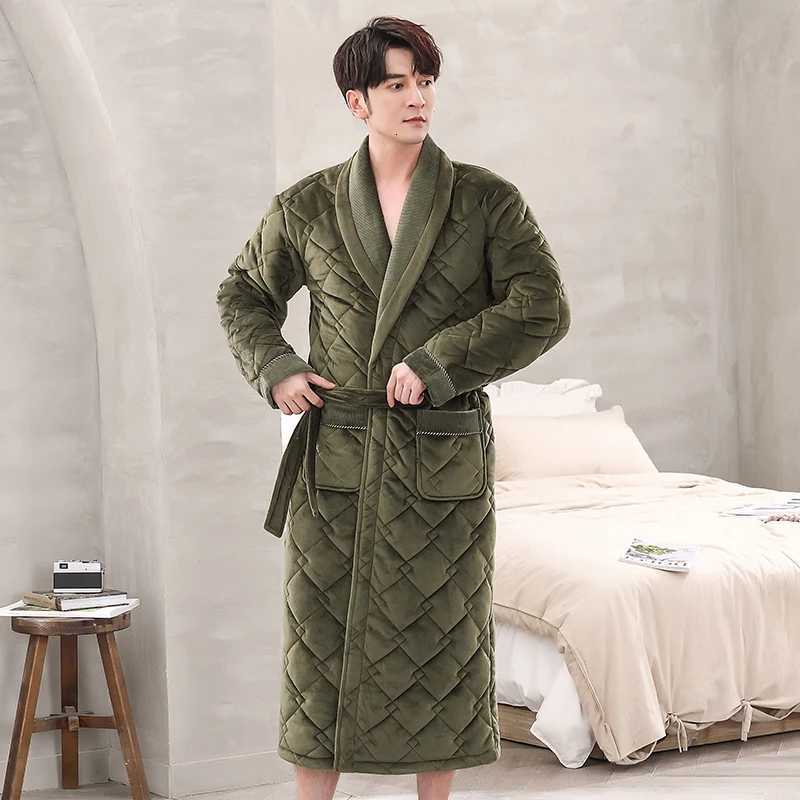 Sleep Lounge Women's Men Casual Kimono Bathrobe Winter Three Layers Flannel Quilted Long Robe Thick Warm Sleepwear Big Yards Nightgown Male Home 