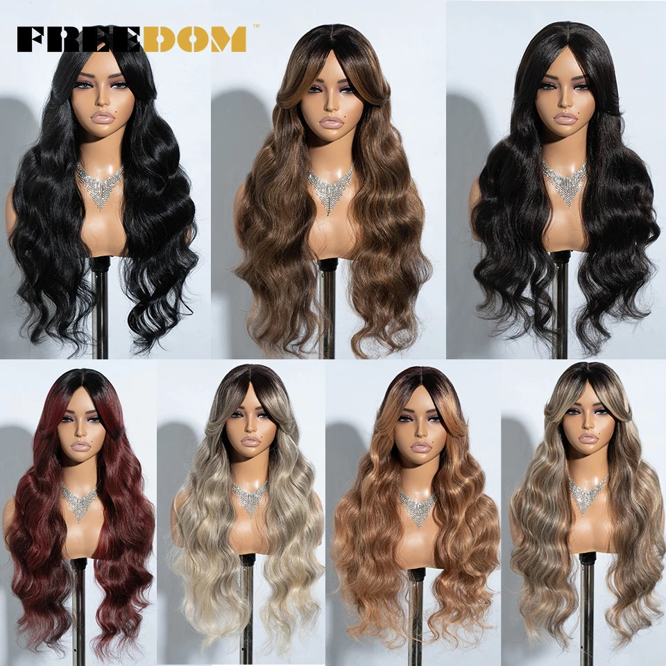 FREEDOM Synthetic Lace Wigs For Black Women 28inch Long Body Wave Middle Part Lace Wig With Bangs Ombre Blonde Brown Cosplay Wig 260922 - view 6