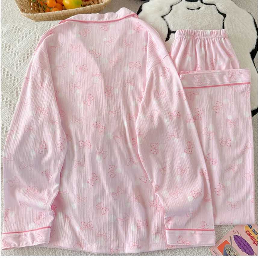 Women's Sleep Lounge Spring and Autumn New Women's Pajama Home Clothes Set Pink Bow Collar Loose Pajama Home Clothes Long Sleeve Long Pants  - view 5